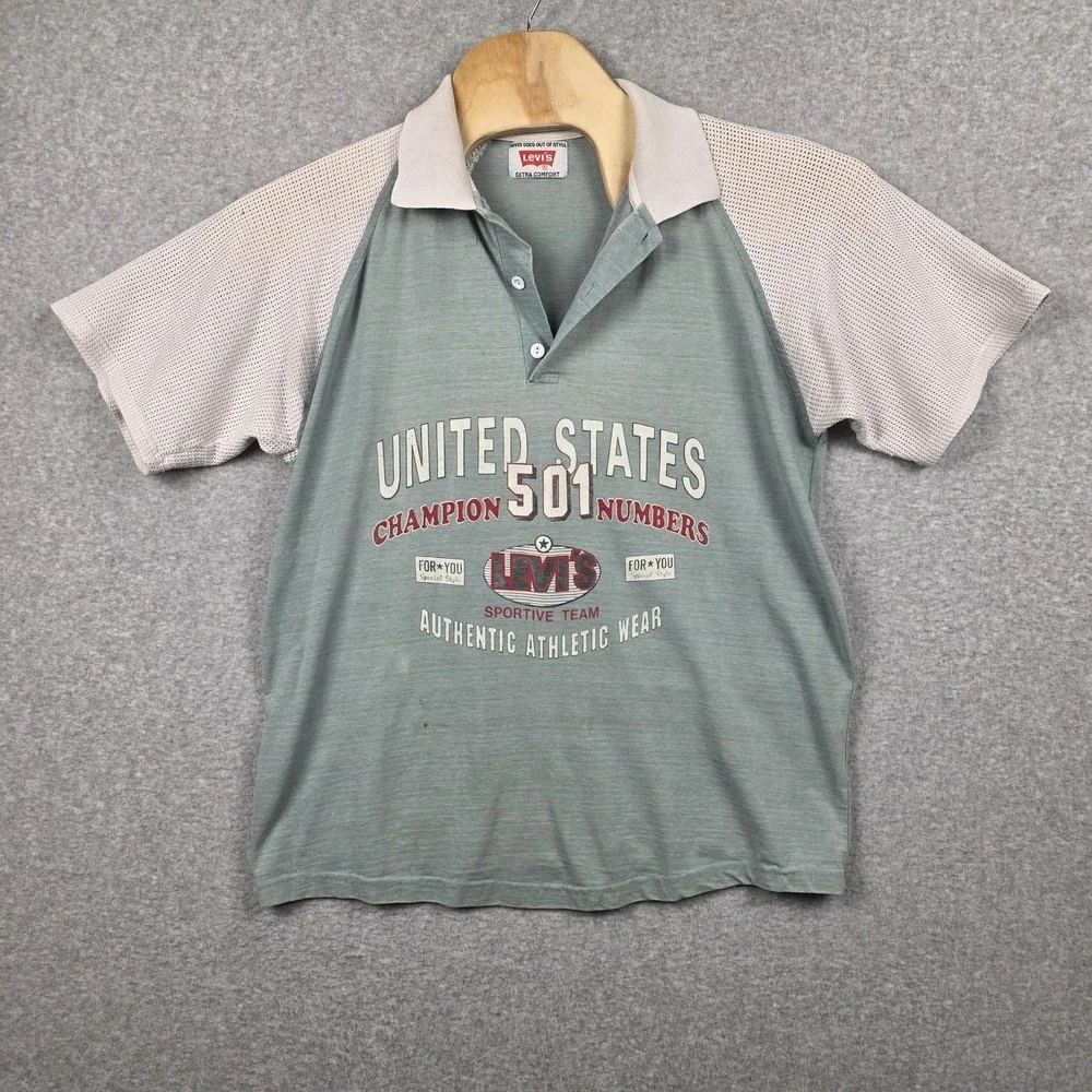Levi's Polo Shirt Mens‎ Large Green 501 United States Mesh Raglan Graphic Sports